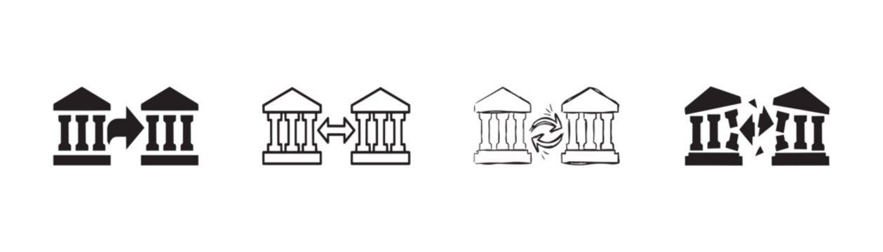 Set of bank transfer icons featuring solid outline sketch and broken styles for financial transactions and digital money flow.