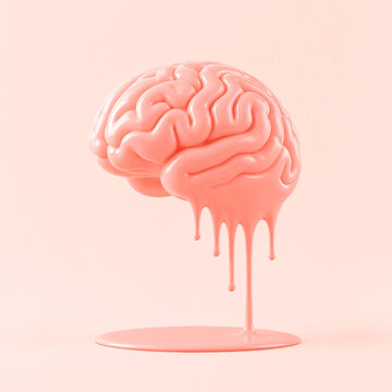 Melting pink brain on pastel background. Burnout, brain drain, mental fatigue, information overload, emotional breakdown, meltdown and overwhelming stress concept