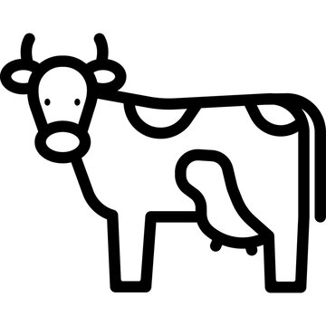Linear icon of a standing cow with horns and udder, isolated on white background, representing livestock, dairy farming, cattle industry, and agriculture.
