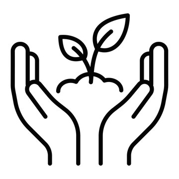 Outline icon of two open hands holding a young sprout with leaves growing from soil, symbolizing eco care, environmental protection, sustainability, and new life.