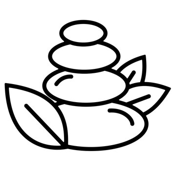 Linear icon of stacked balancing spa stones with a green leaf branch, representing wellness, zen meditation, harmony, relaxation, and natural beauty therapy.