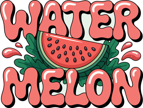 Watermelon lettering sticker with fresh fruit slice and green leaves, watermelon