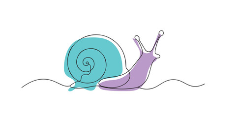 Single line abstract snail walking. Continuous line drawing of crawling snail with spiral shell. Garden wildlife theme. Soft artistic illustration. One line vector illustration. © bakul garis