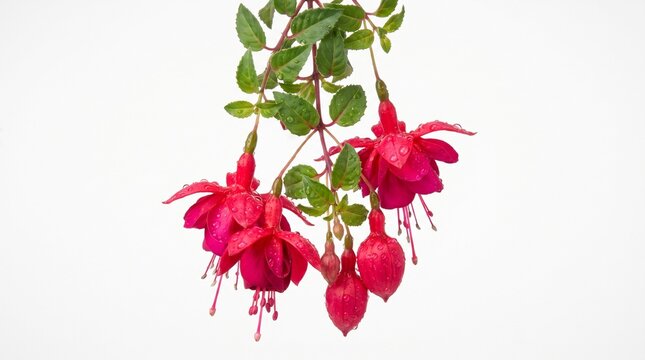 Hanging fuchsia flowers with deep pink petals and green leaves, botanical