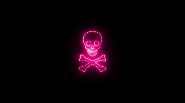 Glowing neon skull icon animation 4k video. crossbones icon. Abstract Neon Hard Danger Background Animation. Danger icon made of neon light Pirate skull emigre,
