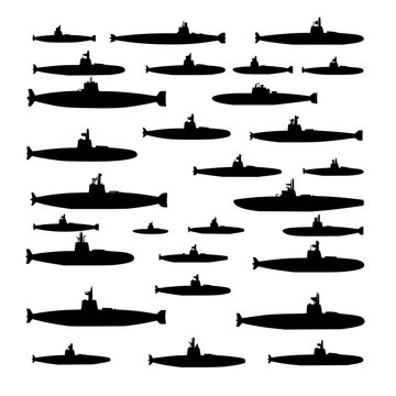 Collection of 24 black silhouette submarines arranged in a 6x4 grid on a white background, showcasing various designs and sizes. The submarines are depicted in a minimalist, vector illustration sty...