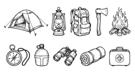 camping vector set, outdoor survival kit, black white camping icons, tent lantern backpack axe, campfire binoculars compass, hiking equipment line art, adventure gear illustration, wilderness tools cl © ahmed
