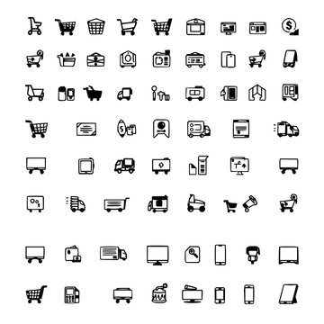 Online shopping icon set with black and white line art arranged in an 8x8 grid featuring shopping cart, credit card, delivery truck with digital device and payment method