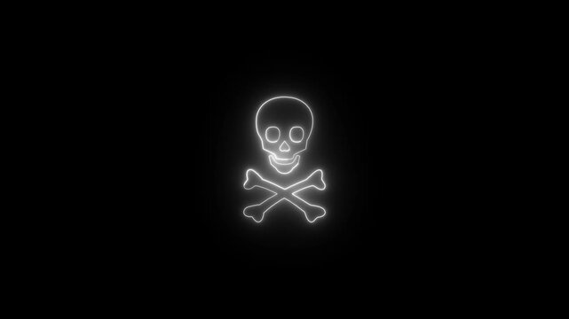Glowing neon skull icon animation 4k video. crossbones icon. Abstract Neon Hard Danger Background Animation. Danger icon made of neon light Pirate skull emigre,