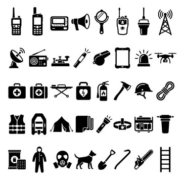 Emergency rescue and communication equipment vector icon set with first aid
