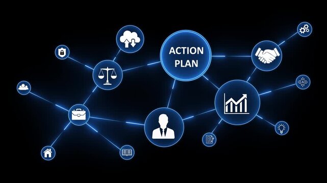 Action plan infographic with glowing blue and symbols on black background representing business strategy and productivity.4k motion video.