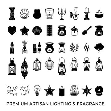 Artisan lighting and home fragrance icon set with fragrance lighting diffuser