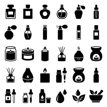 Aromatherapy and perfume product solid icon set with self care, aromatherapy