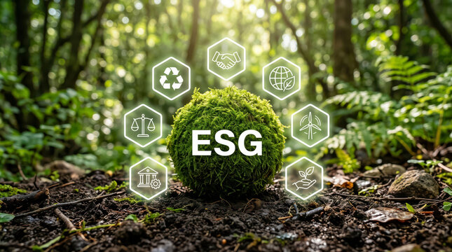 Esg sustainability icons floating above green forest moss