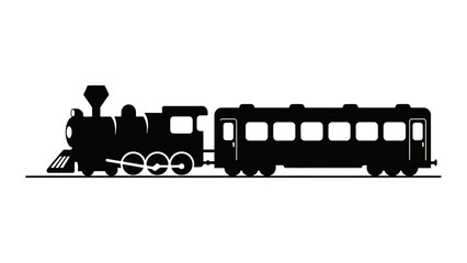 Black silhouette of a classic steam locomotive and passenger car on a track, simple graphic illustration. © Grangger