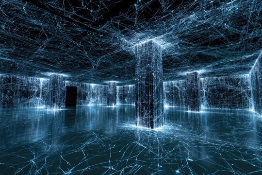 Abstract digital network fills illuminated cuboid room with reflective floor