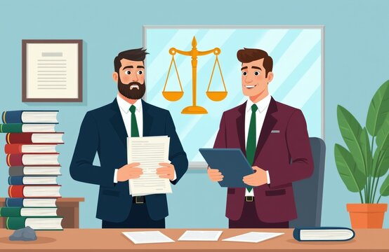 Two lawyers in suits stand at a desk in an office. One holds papers, the other a tablet. Scales of justice and law books are visible symbols of legal profession and success.