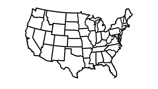 Outline map of the contiguous United States showing individual state borders in black and white.