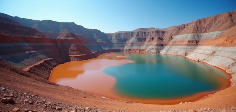 Wide view of industrial mining site with toxic orange tailings mud water lake. Polluted sediment fills dam basin among arid mountains. Environmental disaster impacts ecology nature biodiversity. Land
