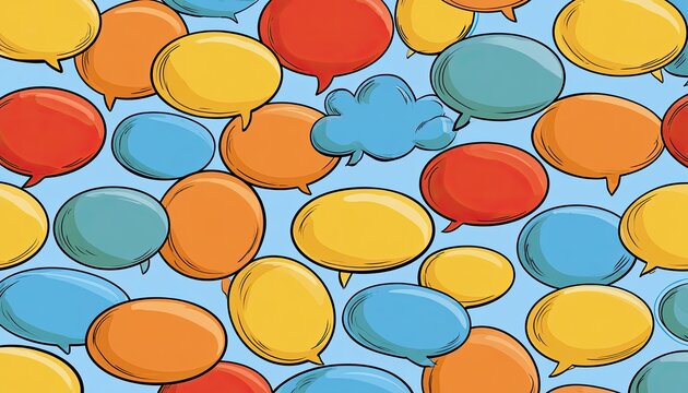 Vibrant speech bubbles in various colors overlap on a blue background