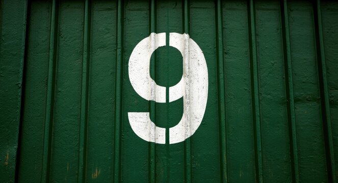 White stencil number nine painted on rough, vertical green metal grating