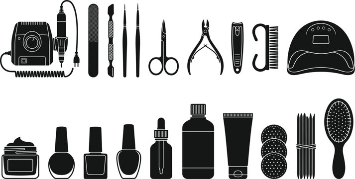 Manicure and pedicure tool vector silhouette set featuring professional nail salon equipment cosmetics and grooming accessories.