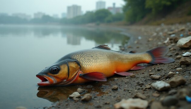 Dead fish lays on polluted river bank near city buildings. Aquatic life suffers from water contamination and environmental hazards. This scene shows a sad impact of human waste.