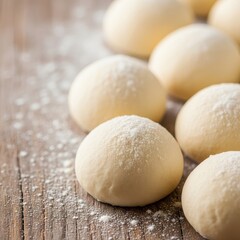 Fototapeta premium A close-up view of small, round balls of fresh yeast dough arranged on a floured wooden surface, ready for baking bread rolls in the oven, surface, food, board