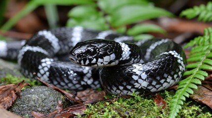 Fototapeta premium New Zealand Yellow Lipped Sea Krait Resting on the Forest Floor