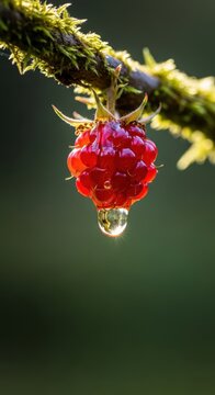 A glistening wild berry clings to a forest branch, dripping with thick, translucent golden sap under soft sunlight in a natural woodland, nature, fruit, translucent