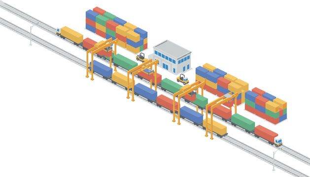 Industrial logistics depot featuring cargo trains with shipping containers and cranes loading freight in an isometric view.