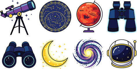 Astronomy and Space Exploration Icon Set Featuring Telescope, Constellation Map, Planet Globe, Binoculars, Crescent Moon, Spiral Galaxy, and Astronaut Helmet © Shahariar