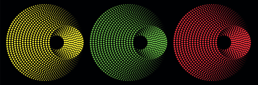 A vibrant digital composition featuring three symmetrical circular patterns composed of tiny dots in bright yellow, green, and red, isolated against a solid black background.