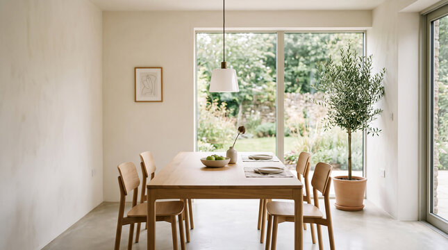 Minimalist Dining Room Interior with Wooden Table and Chairs, Pendant Light, Potted Olive Tree, and Large Window Overlooking a Bright Green Garden