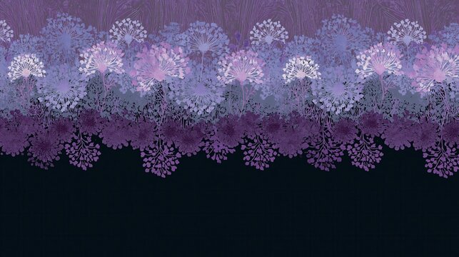 Elegent photo of Stylized artistic floral pattern featuring blooming dandelion puffs in purple gradients. Ideal as a decorative wallpaper or elegant textile background.