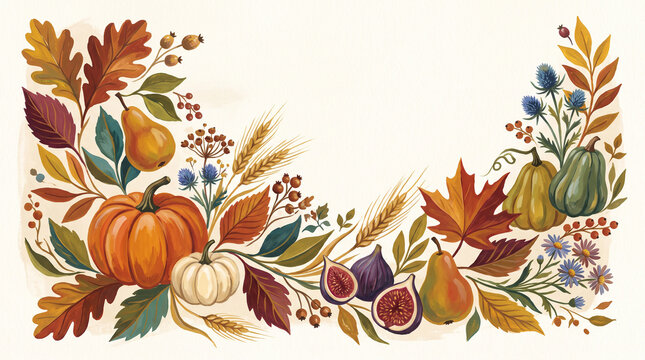 Artistic Thanksgiving illustration inspired by gouache and modern botanical design, oversized autumn leaves, pumpkins, pears, figs, wheat and wildflowers painted 
