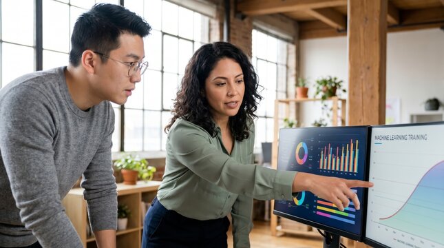 Focused data scientist pointing at machine learning charts on a monitor with a colleague