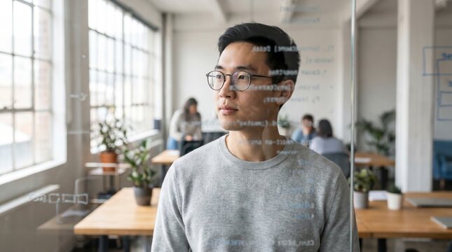 Contemplative developer standing behind a glass wall covered with code in a startup office