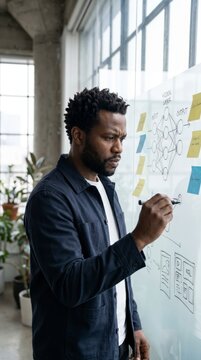 Focused engineer sketching a neural network diagram on a glass wall in a modern office