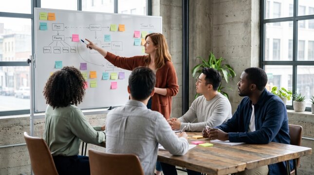 Team leader guiding an agile planning session at a sticky note covered office whiteboard