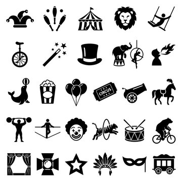 Collection of circus and performance art icons with carnival, performance