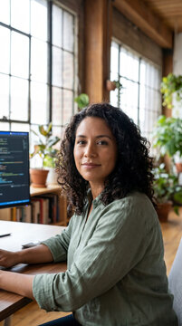Confident latina developer sitting at a workstation beside a glowing code filled monitor