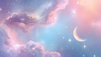 Fototapeta premium Dreamy Pastel Sky with Crescent Moon, Stars, and Nebula Clouds