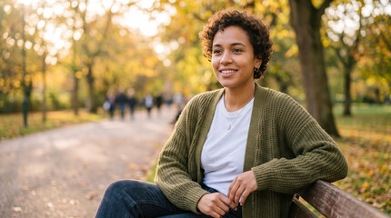 Obraz premium Smiling woman sitting in an autumn forest