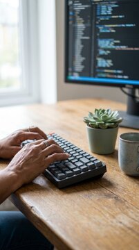 Close view of hands typing on a keyboard beside a code filled monitor on a wooden desk