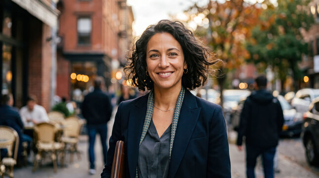 Smiling woman walking on a city street during autumn
