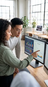 Colleagues reviewing business analytics dashboards on a computer monitor in a startup office