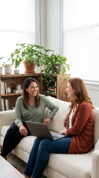 Two women chatting warmly over a laptop on a sofa in a bright minimalist living room