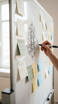 Hand sketching a neural network node diagram on a whiteboard surrounded by sticky notes