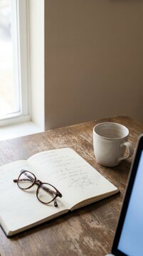 Open notebook with handwritten graph theory notes beside eyeglasses and a mug on a desk